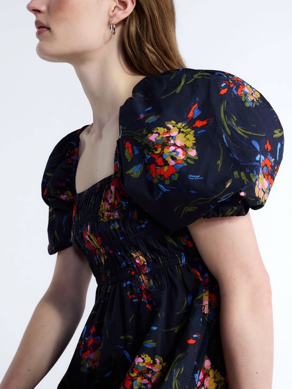 Navy Floral Square-Neck Mini Dress with Smocked Bodice - Picture 4 of 16